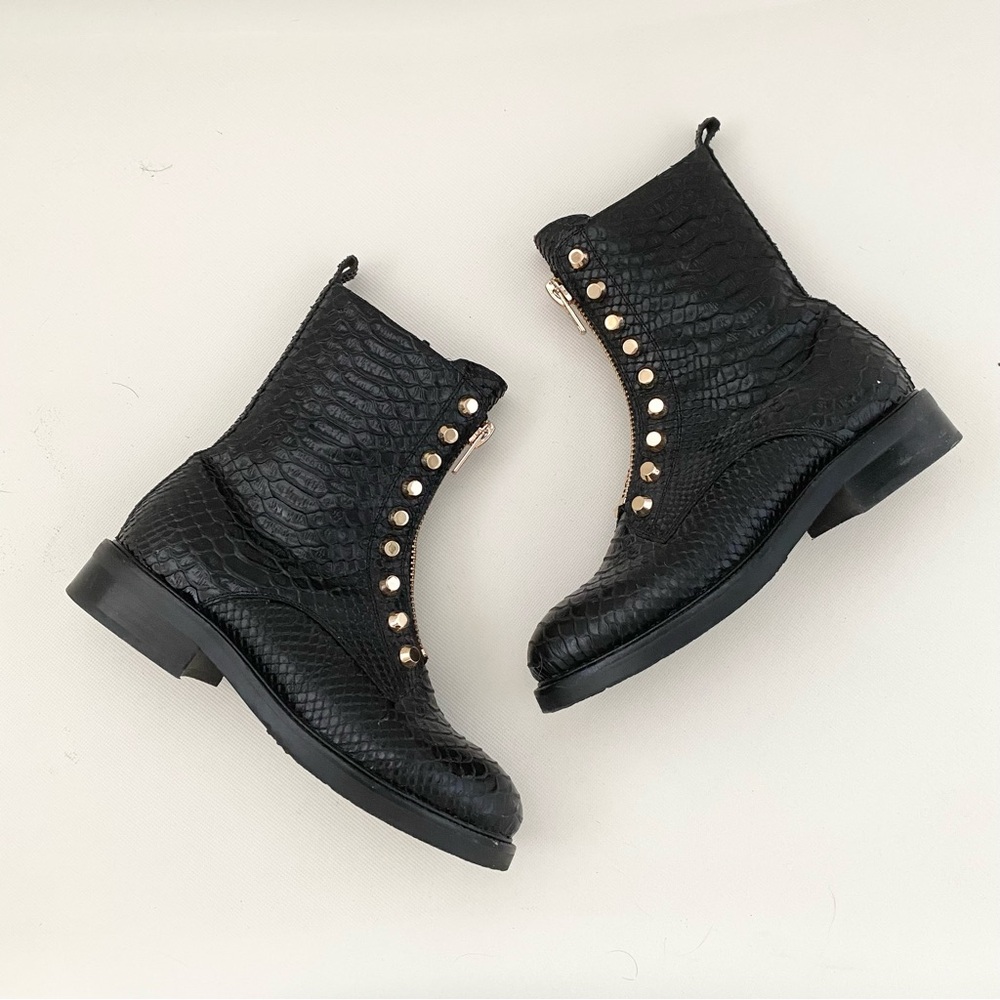 Jeffrey Campbell Black Textured Combat Boots with Gold Studs